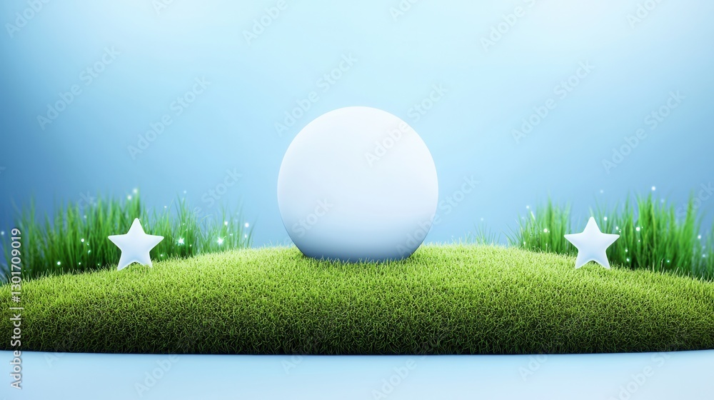 Poster glowing decorative orb hovering above a lush serene meadow in an enchanted forest setting surrounded