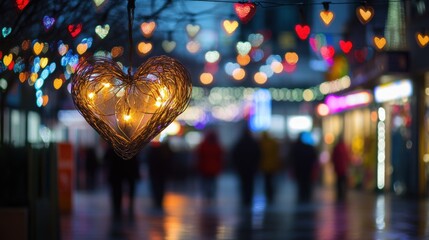 Glowing Heart Lights in Vibrant City Square at Evening