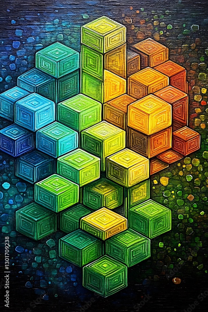 Poster abstract geometric structure of stacked cubes with a bright color gradient