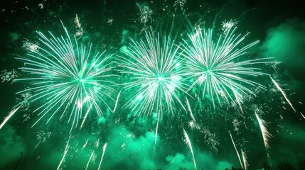 Fototapeta premium Three vibrant green fireworks bursts illuminate the night sky.