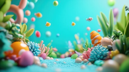 Fototapeta premium Vibrant underwater scene with colorful corals, fish, and plants set against a bright blue backdrop