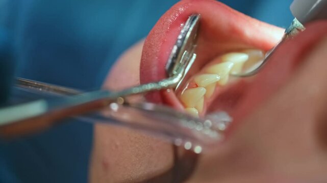 Professional dentist treating a patient in a modern dental clinic. The patient sits with an open mouth as the dentist drills and cleans teeth with water, ensuring proper dental care and hygiene.