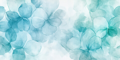 Translucent flower petals, watercolor spring background with pastel shades of light blue mint colors. Light brushstroke textures, dreamy and artistic composition.
