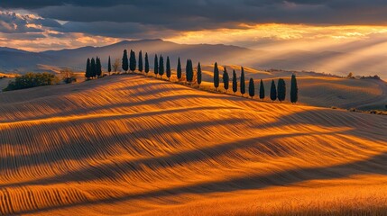 Obraz premium Tuscan sunset landscape with cypress trees on rolling hills.