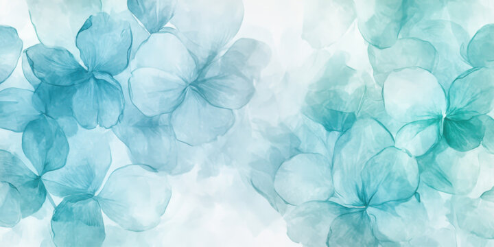 Translucent flower petals, watercolor spring background with pastel shades of light blue mint colors. Light brushstroke textures, dreamy and artistic composition.