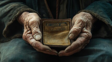 Obraz premium Aged hands cradling an open leather wallet.