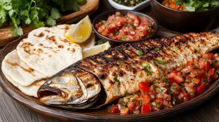 Grilled masgouf served with pickled vegetables, flatbread, and lemon in a rustic Middle Eastern setting