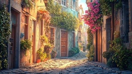 Fototapeta premium Sunlit cobblestone alleyway with colorful buildings and flowers.
