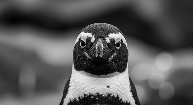 Penguin with distinctive markings expressing curiosity, staring directly into the camera with a confident demeanor