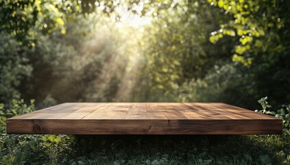 Rustic Wooden Tabletop Against a Lush Green Forest Background