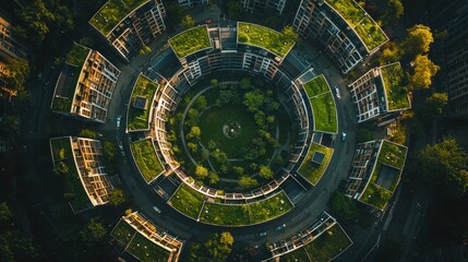 Aerial view of circular green building complex.