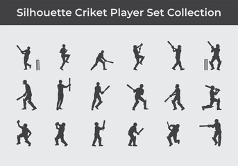 A set of simple black cricket players in various dynamic actions silhouette design icons vector logo illustrations isolated on white background