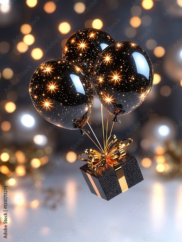 Poster elegant and ethereal 3d rendering of floating star shaped balloons in a luxurious glowing and shinin