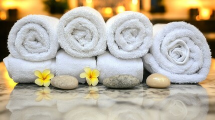Rolled towels, spa, stones, flowers, warm interior
