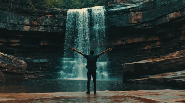 Man Standing by Waterfall with Arms Open Feeling Freedom and Renewal