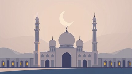 Serene Mosque under Crescent Moon: A stylized depiction of an elegant mosque, its domes and minarets silhouetted against a gradient sky, with a gentle crescent moon casting a soft light.