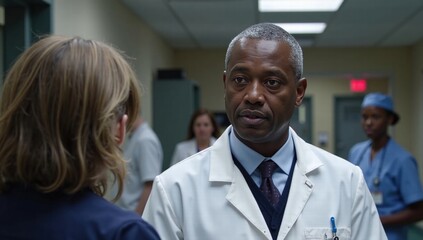 Obraz premium Busy Hospital Environment: Male Doctor in White Coat Discusses Case with Nurse at Reception