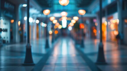 Nighttime tranquility envelops the deserted shopping mall, shadows playing under soft lamplight
