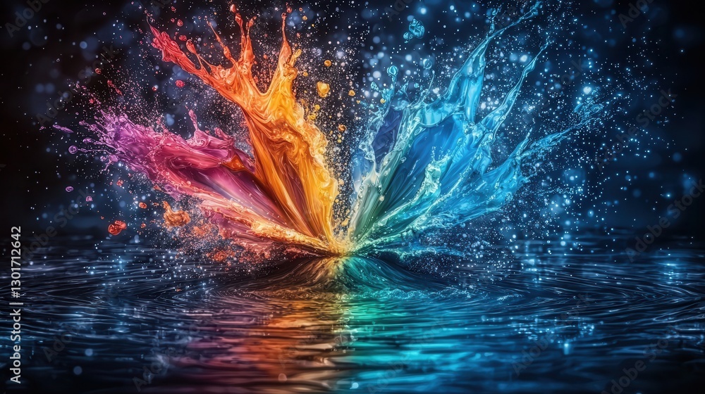 Poster futuristic and energetic multicolored paint splash composition in dark cosmic setting vibrant and dy