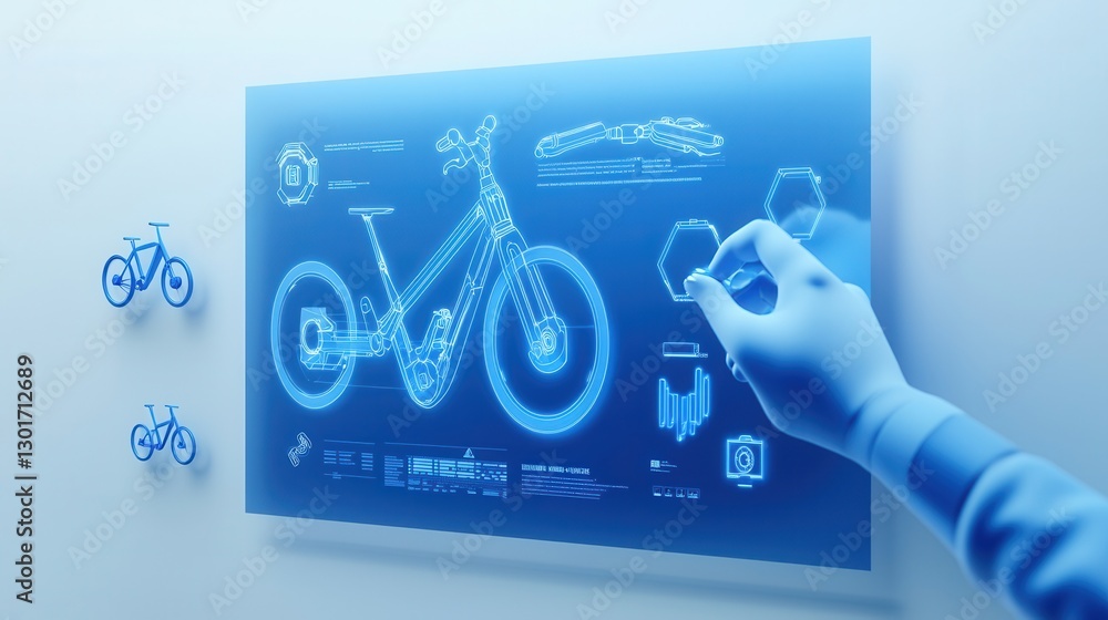 Poster futuristic bicycle design process engineer manipulating digital schematic on interactive screen conc