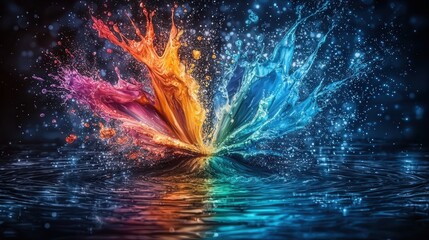 Futuristic and Energetic Multicolored Paint Splash Composition in Dark Cosmic Setting  Vibrant and dynamic digital art with fluid movement energy and a sense of ethereal otherworldly atmosphere