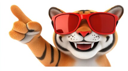 Cartoon tiger pointing with sunglasses, against white background
