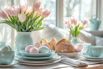 Beautifully Decorated Easter Table in Pastel Colors with Flowers, Easter Eggs, and Bread