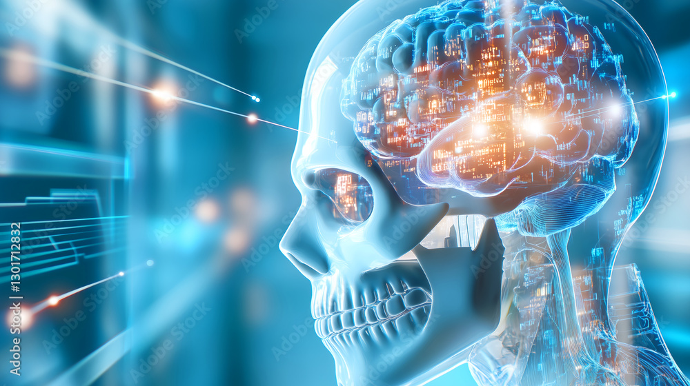 Poster a transparent human skull displays a luminous brain filled with digital elements. it showcases conne