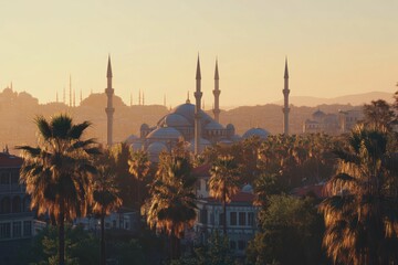 Naklejka premium Sunset view of a mosque in a city with palm trees.