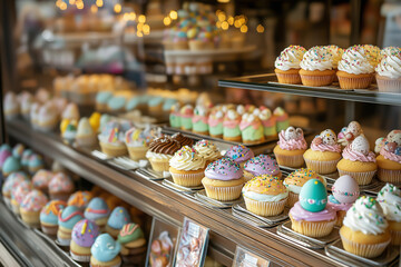 Pastry Display in a Bakery Filled with Easter Cupcakes and Easter Treats