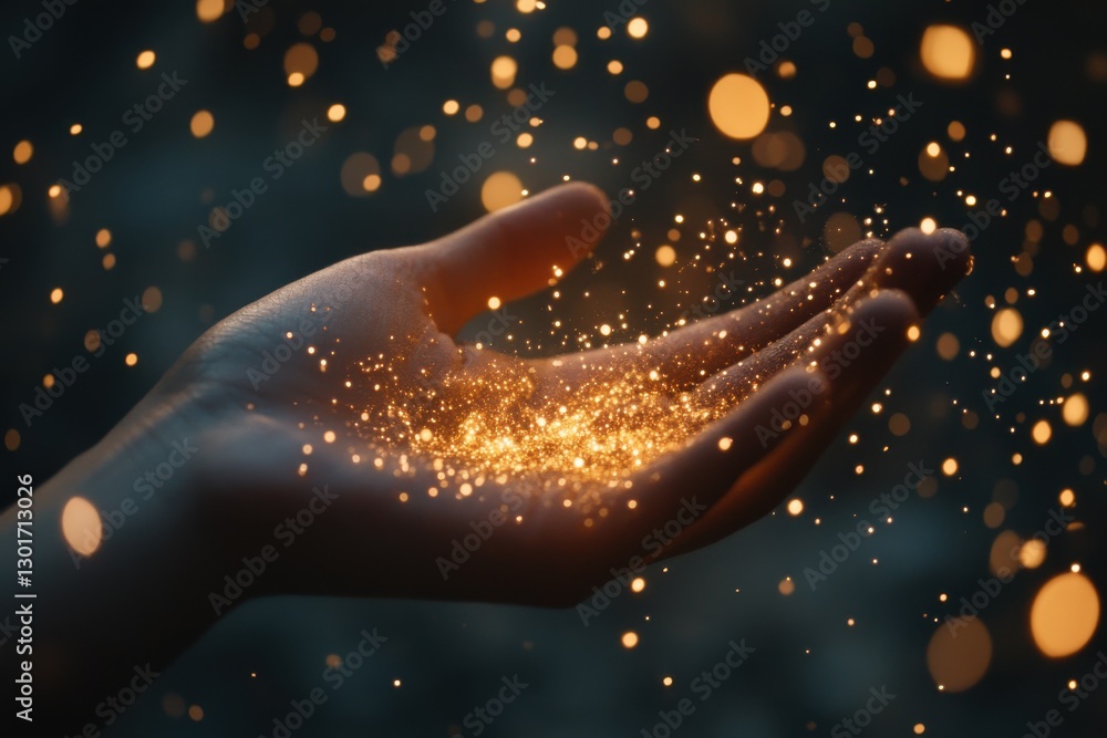 Poster a hand holding glowing particles with a blurred background of bokeh lights creating a magical atmosp