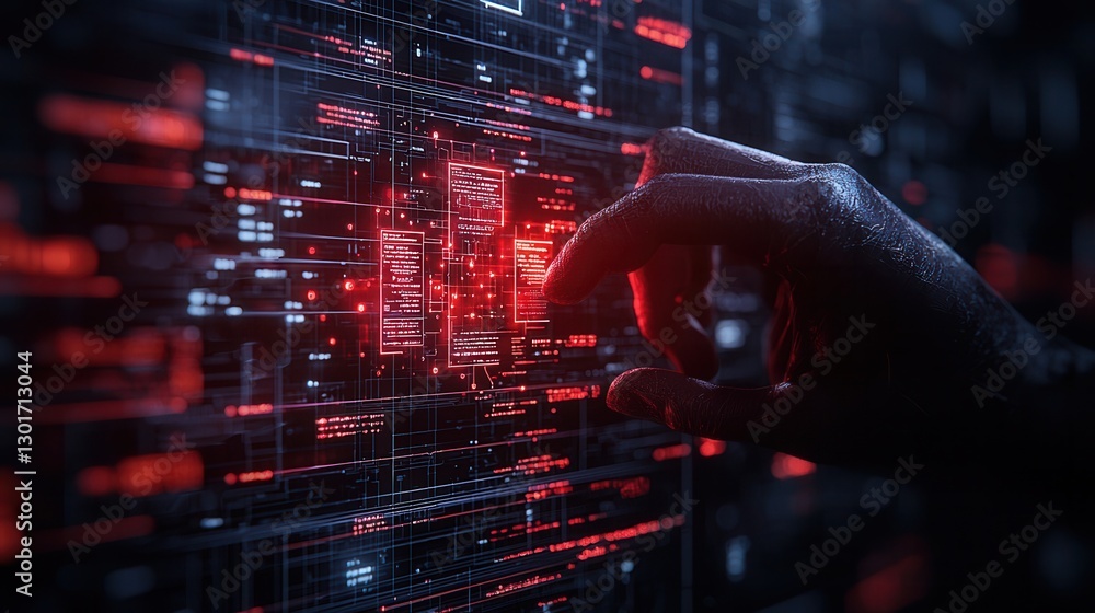 Poster futuristic cyber security scene featuring a masked digital interface with glowing neon codes abstrac