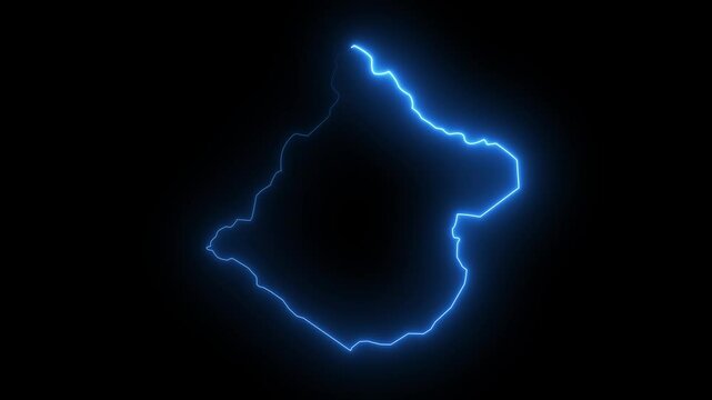 Glowing neon line map of Tacna in Peru with black background.