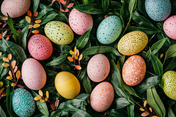 Easter Eggs Arranged on Leaves