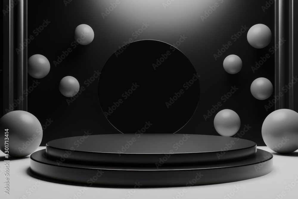 Poster a minimalist black and white product display with spheres and a circular backdrop on a platform stag