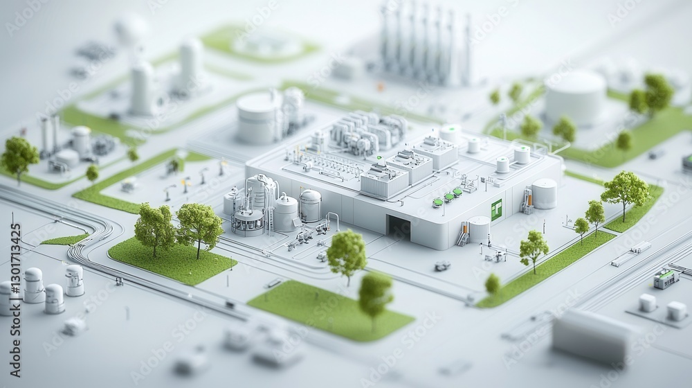 Poster futuristic automated gas processing plant with intricate architectural design and advanced pipe syst