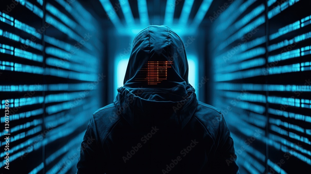 Poster the image depicts a futuristic hacker silhouette breaking into a digital matrix surrounded by glowin