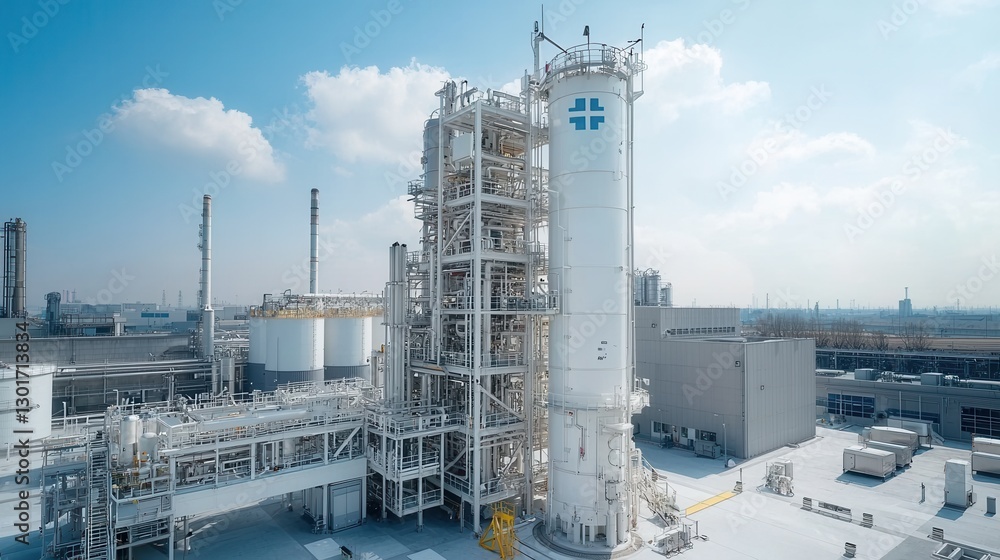 Poster futuristic petrochemical refinery site featuring an array of precision engineered architectural and 