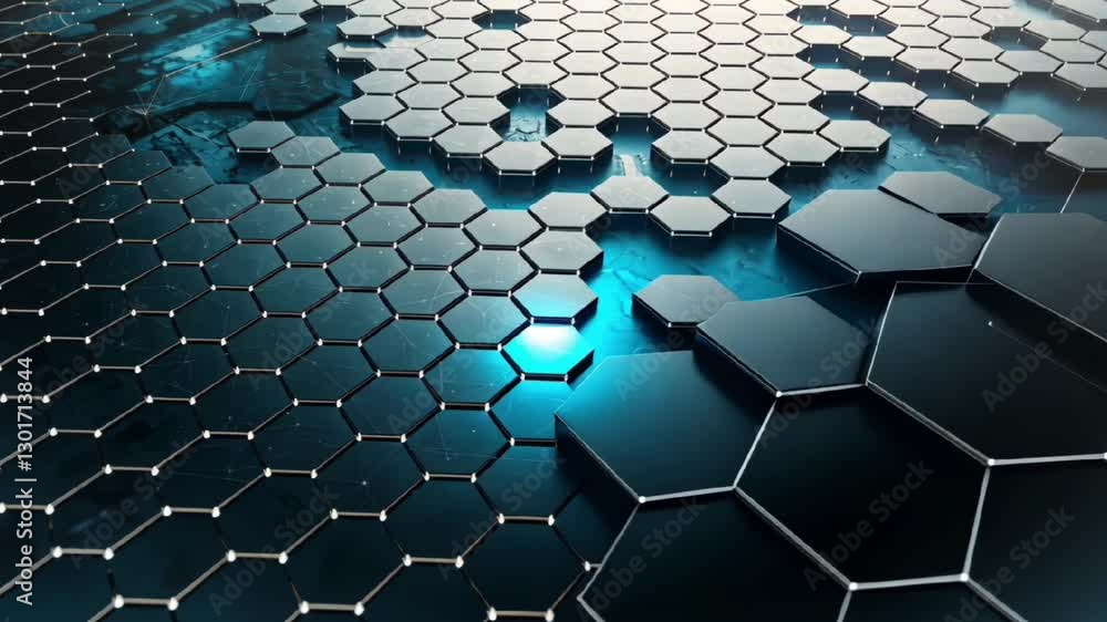 Poster futuristic blue hexagonal grid with glowing digital connections and high-tech cyber background
