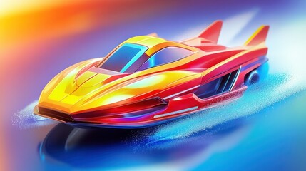 Futuristic speedboat racing on vibrant water surface, dynamic action shot