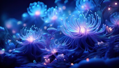 Obraz premium Macro shot of glowing bioluminescent algae, creating an otherworldly, dreamy atmosphere with vibrant blue and green light patterns. 