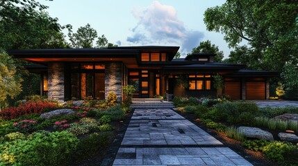Obraz premium Modern architectural home with beautiful landscaping and pathway at dusk