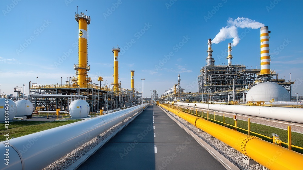 Aufkleber aerial view of a large scale gas processing facility featuring a complex network of pipelines storag