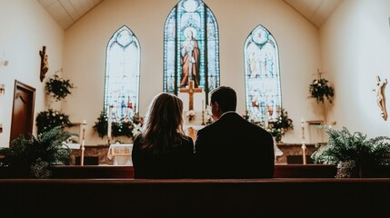 Couple sits in church pews during religious ceremony