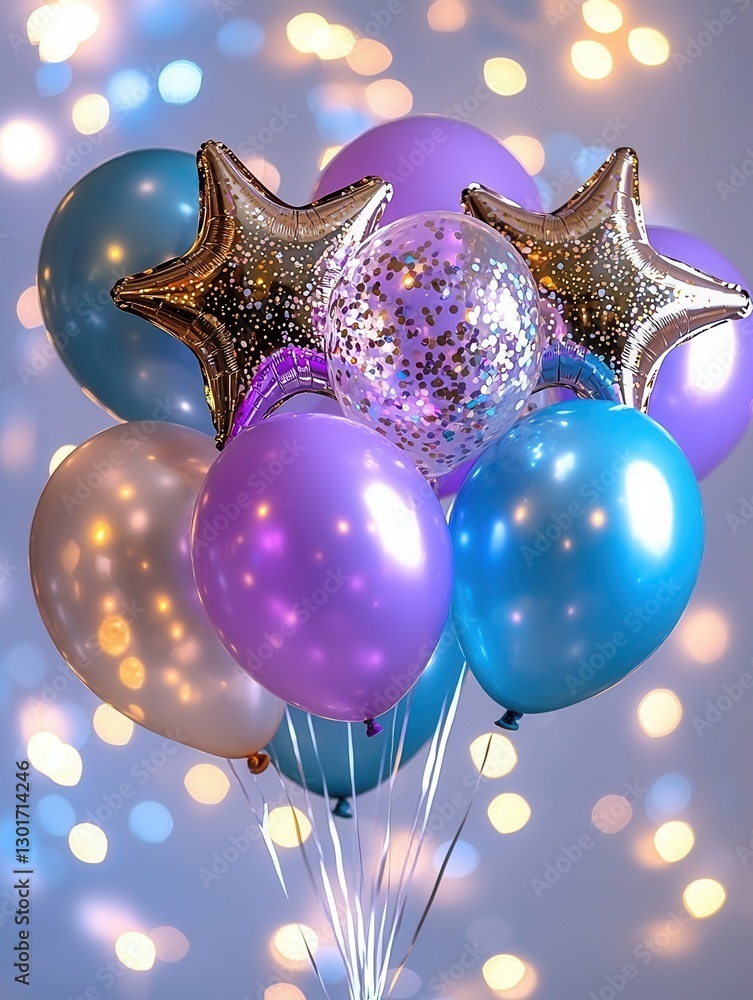 Poster glossy metallic star shaped balloons floating in a balance creating a mesmerizing and festive party 