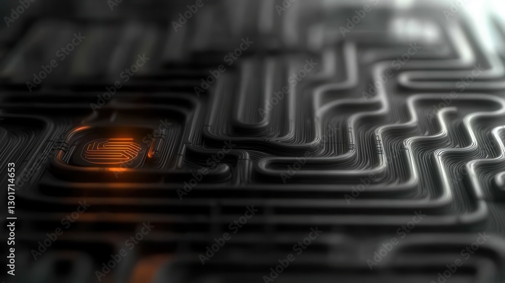 Poster intricate black and white geometric pattern with a maze like circuit board inspired design highly de