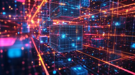 Digital Data Cube Network, glowing lines, abstract background, technology concept