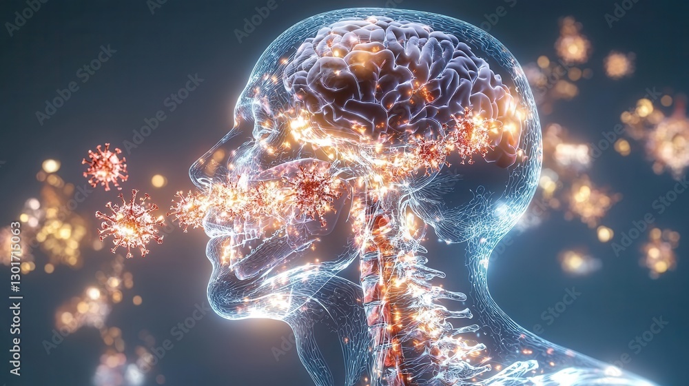 Poster anatomical x ray scan of a human skull revealing the intricate structures and glowing neural pathway