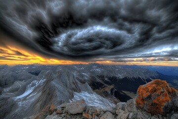 Naklejka premium Dramatic cloud formation over a mountain range during sunset or sunrise