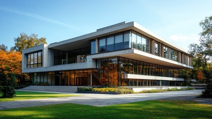 Modern glass architecture surrounded by trees and greenery in an open park setting